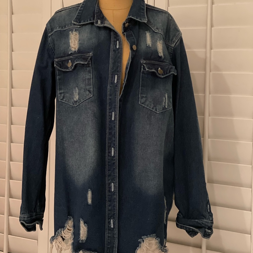 American Bazi Distressed Dark Jean Denim Jacket Coat Shirt Plus Size 1X
